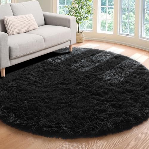 Black Fluffy Round Rug Circle Area Rugs 4ft for Kids Girls Boys Bedroom (Black / 4' (Round))