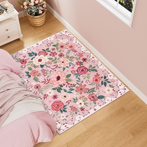3x4 Area Rug Floral Washable Rug for Kitchen Non Slip (Pink / 3' x 4' (Rectangular))