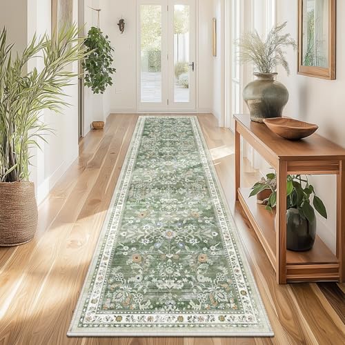2x8 Washable Hallway Runner Rug Non Slip Floral Carpet (Green / 2' x 8')