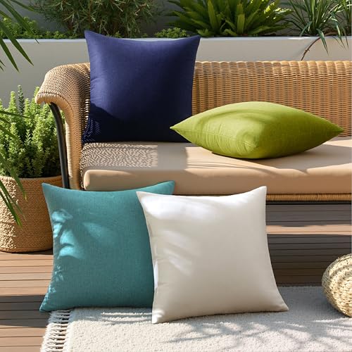 Pack of 4 Decorative Outdoor Throw Pillow Covers Linen Waterproof Pillow Covers Summer Farmhouse Cushion Cases for Patio Garden Tent Balcony Couch Sofa 16x16 Inch Blue Green (16" x 16" (Pack of 4) / Blue Green)