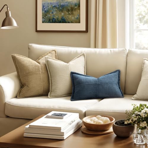 Blue Corduroy Lumbar Pillow Covers 12x20 Inch 12x20 Inch with Splicing Set of 2 Soft Boho Pillow Covers Broadside Decorative Textured Summer Coastal Pillowcases for Couch Bed Livingroom (Blue / 20" x 12" (Pack of 2))