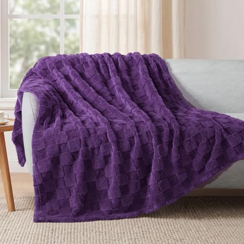 3D Checkered Fleece Throw Blanket for Couch (Purple / Throw (50"x60"))
