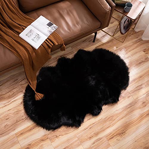 Fluffy Area Rug 3x5 ft Faux Fur Sheepskin Rug for Bedroom Black (3' x 5' (Sheepskin) / Black)