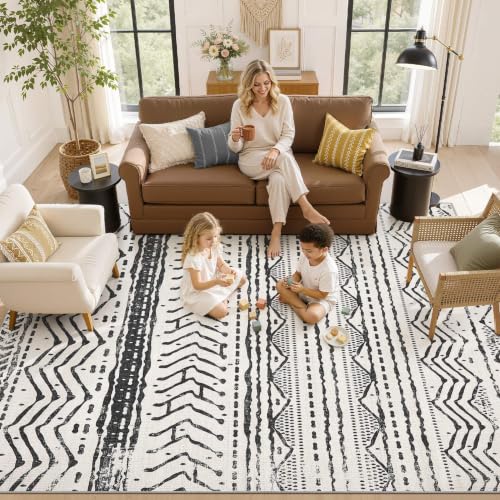 Boho 5x7 Area Rug Living Room Rugs Machine Washable Black (Ivory Black / 5' X 7' (Rectangular))