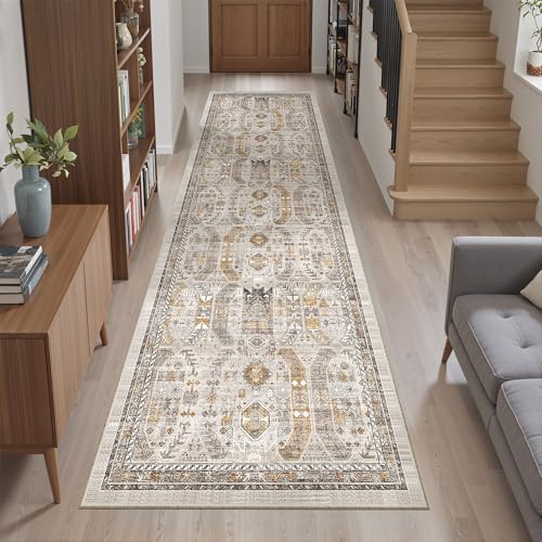 Kitchen Runner Rug 2x7 with Rubber Backing Non Slip (Brown/Gold / 2' x 7' (Runner))