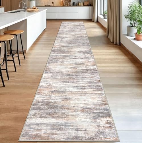 Modern Abstract Washable Long Runner Rug 2.6x18 Hallway Rug Runner Non (Multi Grey/Orange / 2'8" x 18' (Runner))