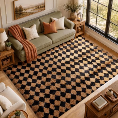 8x10 Black & Beige Diamond Checkered Rugs for Living Room Bedroom (Checkered Black & Beige / 8' x 10' (Rectangular))