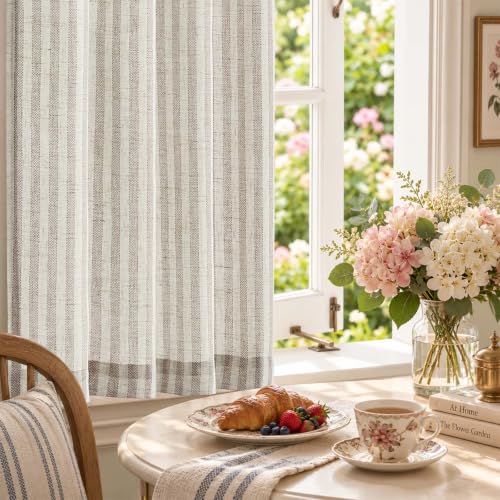 Tab Top Linen Kitchen Curtains 36 Inches Striped Tier Curtains Farmhouse Modern Cafe Style Small Window Treatments Airy Light Filtering Rod Pocket for Living Room Bathroom 2 Panels Taupe Grey (D | Taupe Grey on Beige / 26"W x 36"L (Pack of 2))