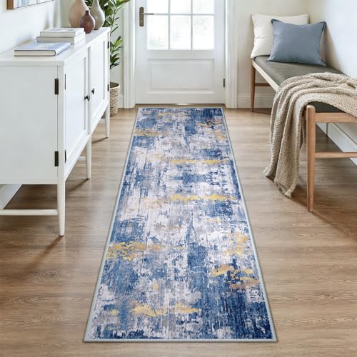 Washable Runner 3'x8' Abstract Area Rug for Hallway Blue Gold (Blue/Gold / 3' x 8' (Runner))