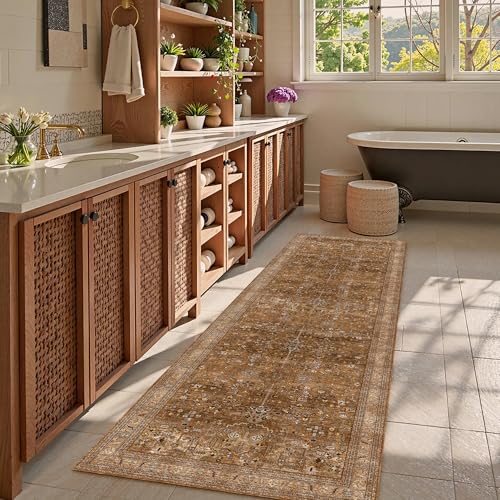 Washable Area Rug 2'6'' x 8' Vintage Traditional Persian Mat (Bronze and Ivory / 2'6" x 8' (Rectangular))