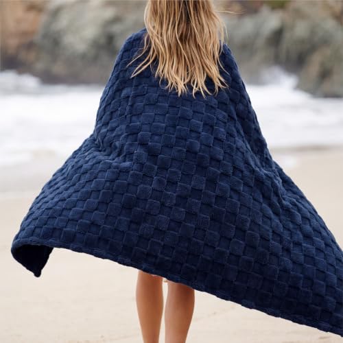 Checkered Fleece Throw Blankets for Bed (06 Navy / Throw XL (50" X 70"))