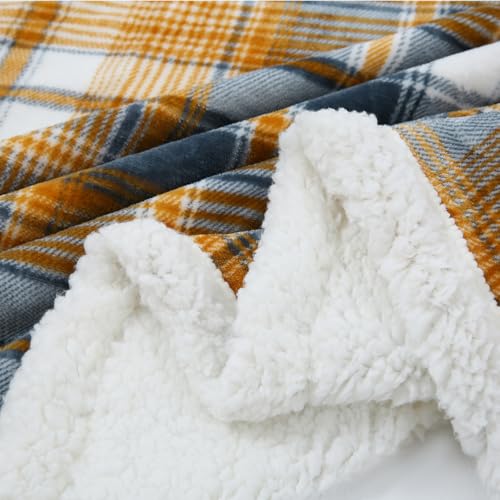 Sherpa Blanket Queen Plaid Thick Bed Blanket (Blue Yellow Check / 80"*90")