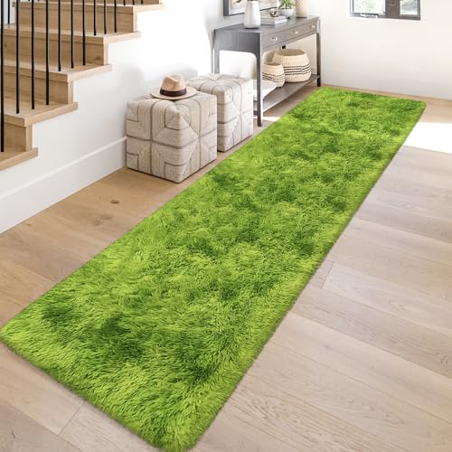 Tie Dyed Runner Rug for Bedroom Green 2x10ft Fluffy Area Rug Bedside Runner Rug for Kids Room Boys Teens Nursery Baby Living Room Dorm Home Decor Carpets (Tie-dyed Green / 2' x 10' (Runner))