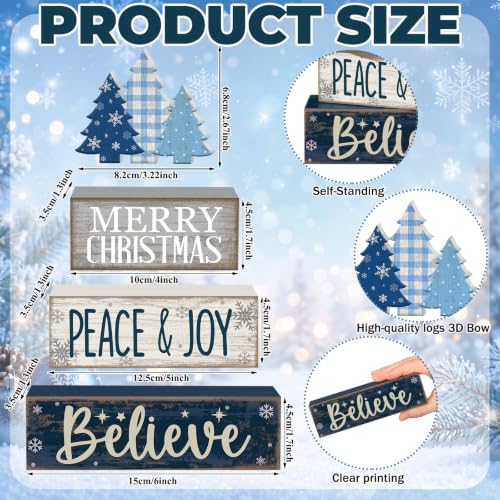 4 Pcs Christmas Table Decorations Blue Christmas Tree Stacked Wooden Sign Decor Rustic Winter Tiered Tray Decor Blue and White Xmas Table Centerpiece Farmhouse for Home Kitchen Shelf (Rustic Decorative)