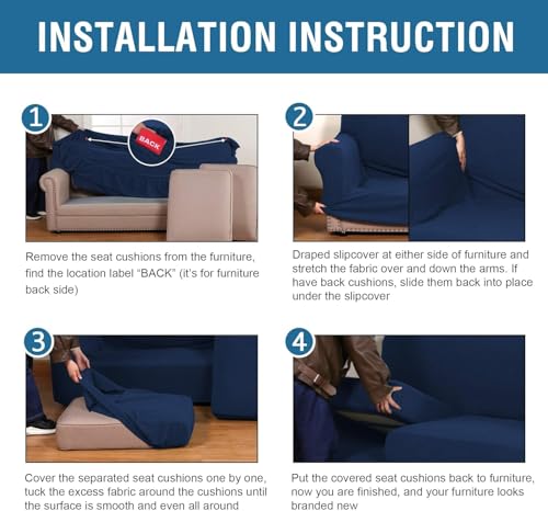 4 Piece Stretch Sofa Covers for 3 Cushion Couch Covers for Living Room Furniture Slipcovers (Large Plus / Navy)