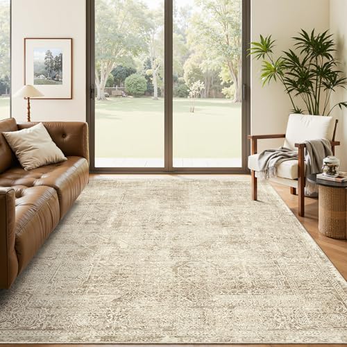 5x7 Area Rugs Light Brown Washable Trendy Faded Style Floral Rugs (Light Brown / 5' x 7' (Rectangular))