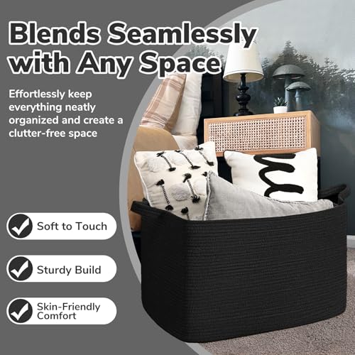 Large Woven Rope Blanket Basket (Black / Large(21.6"L x 14.9"W x 11.8"H))