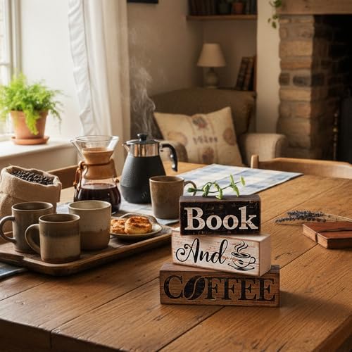 4 Pcs Farmhouse Table Decor Rustic Wooden Book and Coffee Signs (Coffee)