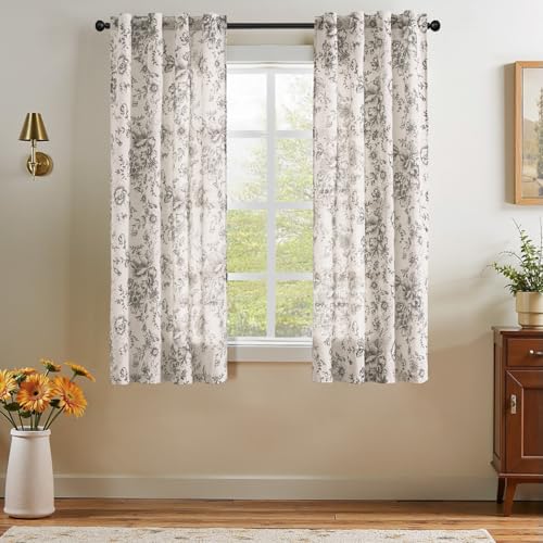 Vintage Floral Linen Curtains 63 Long for Living Room 2 Panels (Black on Beige / 38"W x 63"L (Pack of 2))