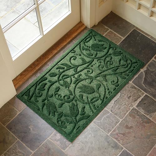Boho Green Floral Leaves Outdoor Indoor Entrance Doormats (Tulip-green / 1'5" x 2'6" (Rectangular))
