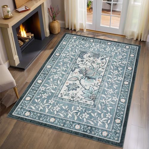 Provence Botanical Grove 4x6 Rug Vintage Cottagecore Retro Blue 4 x 6 Area Rug for Bedroom Living Room Nursery Kitchen Entryway Indoor Mat (Oriental Misty Blue / 4' x 6' (Rectangular))