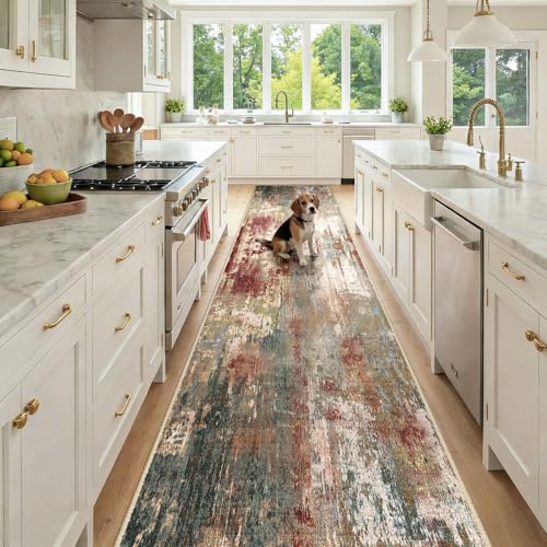 Washable Runner 3'x12' Abstract Area Rug for Hallway Rustic Brown (Rust Red/Green/Blue/Multi / 3' x 12' (Runner))