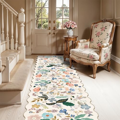 Washable 2x8 Hallway Runner Rug (2' x 8' (Rectangular) / Cream/Floral)