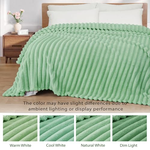 Striped Queen Size Fleece Blanket for Bed (Sage Green / Queen ( 90x90 IN ))
