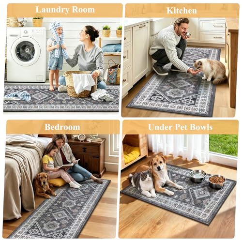 HEBE Boho Kitchen Rugs Set of 3 (Natural/Grey / 20"x32"+20"x48"+20"x59")