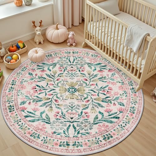 Round Area Rug Living Room (Pink/Green / 4' (Round))