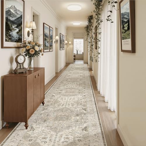 Hallway Runner Rug 3x20 Washable Kitchen Runners 20ft (Ivory/Brown / 3' x 20' (Runner))