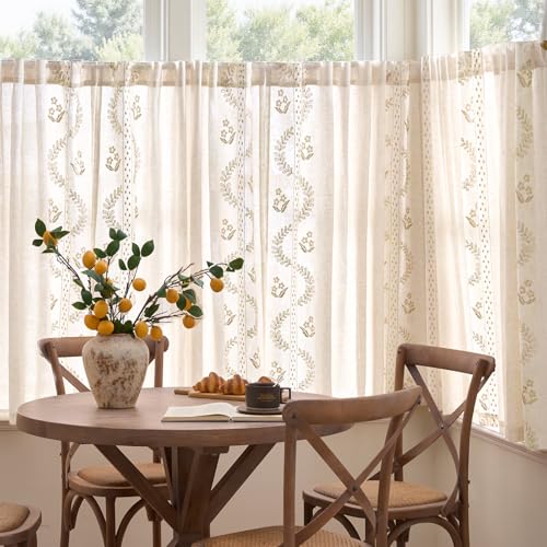 Beige Floral Linen Kitchen Tier Curtains 50x54 Inch 2 Panels (A| Beige / 50"W x 54"L (Pack of 2))