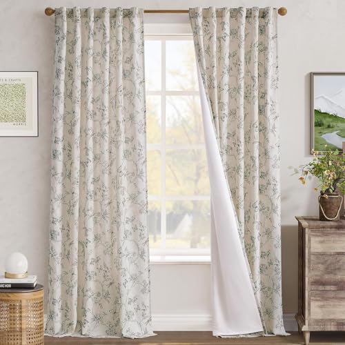 Grey Floral Linen Curtains Lined 96 Inch Vintage Back Tab 2 Panels (Charlotte Grey / 50"W x 96"L (Pack of 2))