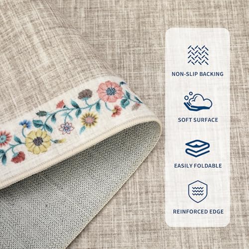 Entryway Rug 2x6 Modern Bordered Runner Rug Washable Kitchen Runners for Hallway Non (Light Flax/Beige / 2' x 6' (Rectangular))