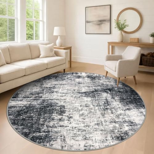 Abstract Round Area Rug 8 Ft Washable Circle Rugs Large Round Rug Non Slip Thin Soft Circle Rugs (Black/Grey/White / 8' x 8' (Rectangular))