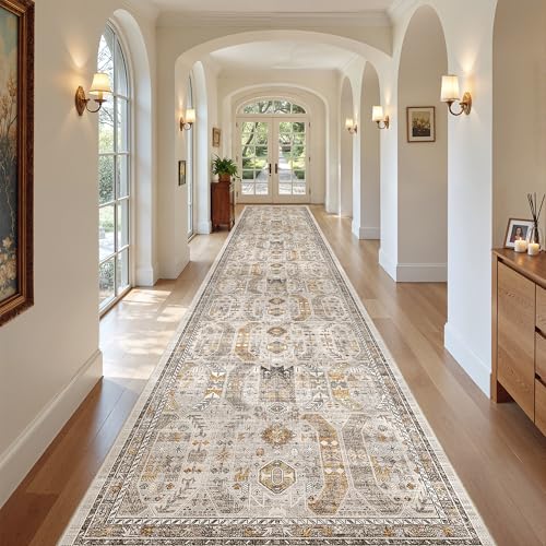 Hallway Runner Rug 3x18 Washable Kitchen Runners 18ft (Brown/Gold / 3' x 18' (Runner))