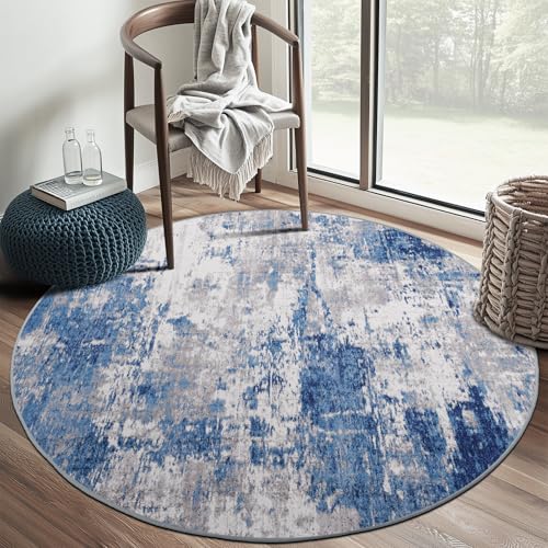 Washable Round 6ft Area Rug for Living Room Blue Gray (Blue/Gray / 6' (Round))