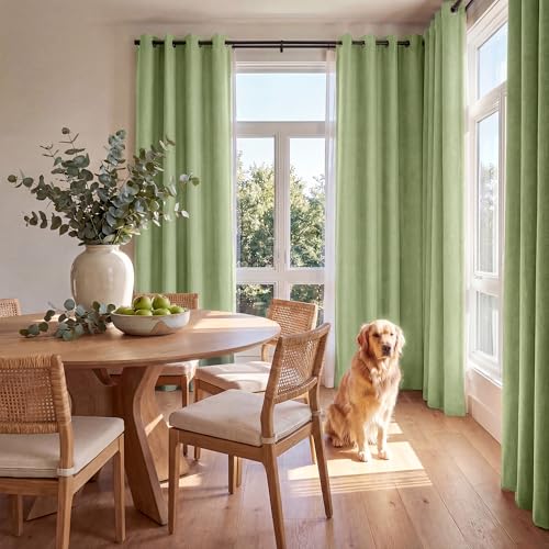100% Absolutely Blackout Linen Curtains for Bedroom Living Room (52"W x 84"L (Pack of 2) / Olive Green)