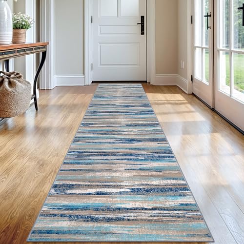 Abstract 2x12 Runner Rug Washable Runners for Hallway Non Slip (Blue Aqua/Beige Taupe Multi / 2' x 12' (Runner))