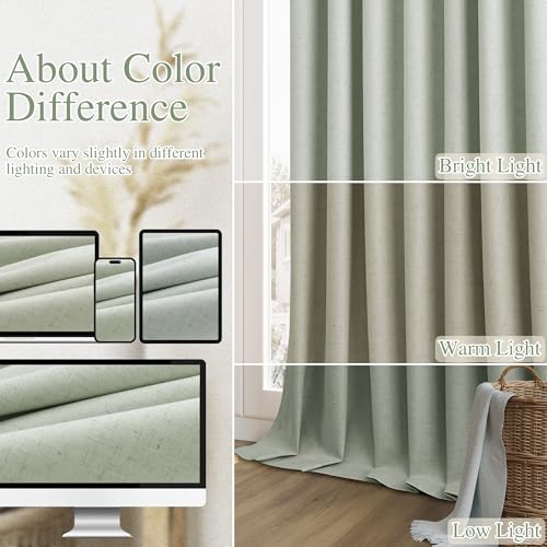 Mist Sage 100% Blackout Linen Curtains 96 Inch Length 2 Panels Set for Living Room Bedroom Back Tab Thermal Insulated Black Out Drapes Room Darkening Farmhouse Style for Bedroom Window Curtains (Mist Sage / 52"W x 96"L (Pack of 2))