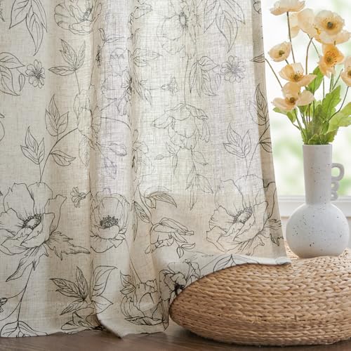 Linen Floral Curtains for Living Room 84 Inch Length Grey Flower Curtain Rod Pocket Back Tab Farmhouse Curtains with Printed Floral Bedroom Window Curtain Set (Penny Grey on Ecru / 50"W x 84"L (Pack of 2))