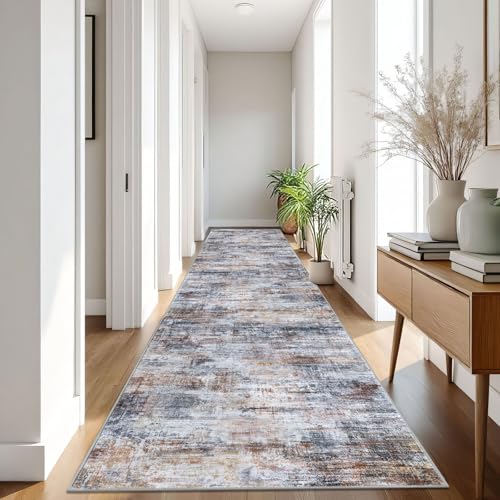 Abstract Runner Rug 3x16 Ft Washable Runners for Hallways (Orange/Brown/Grey / 3' x 16' (Rectangular))