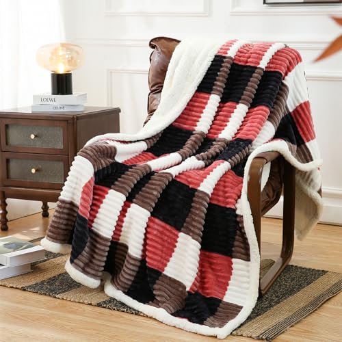 Sherpa Blanket Twin Plaid Thick Bed Blanket (Black Red Check / 60"*80")