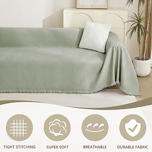 Chenille Sofa Slipcovers Sage Green Sofa Covers with Tassel Edge L Shaped Sectional Couch Covers for 3 Cushion Couch (91" x 134" / Tassels Edge-sage)