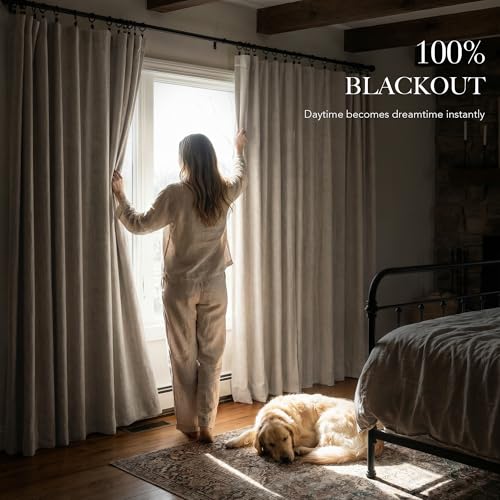Beige 100% Blackout Linen Curtains 120 Inch Long for Dining Room (Natural Beige / 52"W x 120"L (Pack of 2))