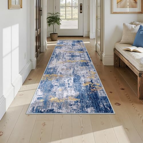 Washable Runner 2'6"x10' Abstract Area Rug for Hallway Blue Gold (Blue/Gold / 2'6" x 10' (Runner))