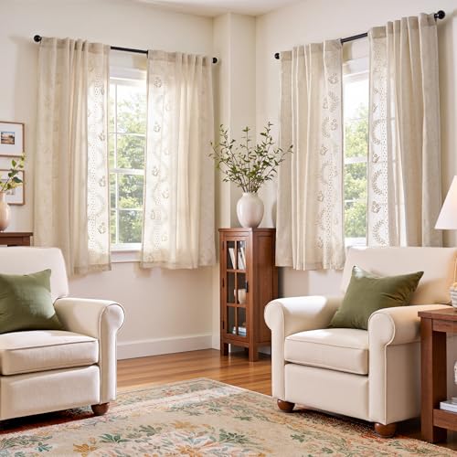 Floral Lined Linen Curtains 63 Inch Farmhouse Back Tab 2 Panels (Ivory / 50"W x 63"L (Pack of 2))