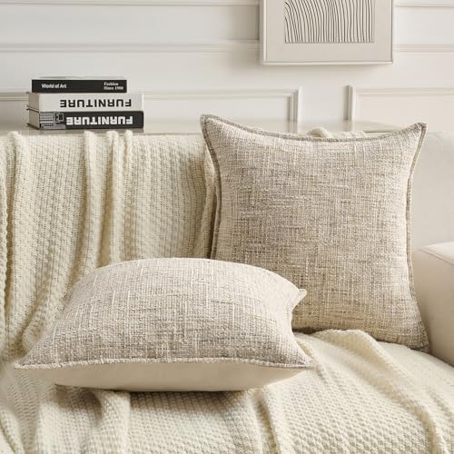 Pack of 2 Tweed Chenille Throw Pillow Covers 22x22 Inch (Beige / 22" x 22" (Pack of 2))