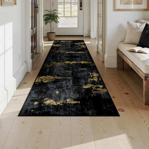 Washable Runner 3'x9' Abstract Area Rug for Hallway Black Gold (Black/Gold / 3' x 9' (Runner))