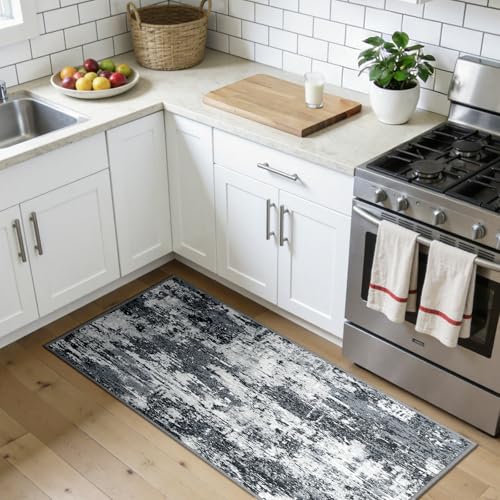 Washable 2'x5' Abstract Area Rug for Living Room Black White (Black/Navy Blue/Gray / 2' x 5' (Rectangular))